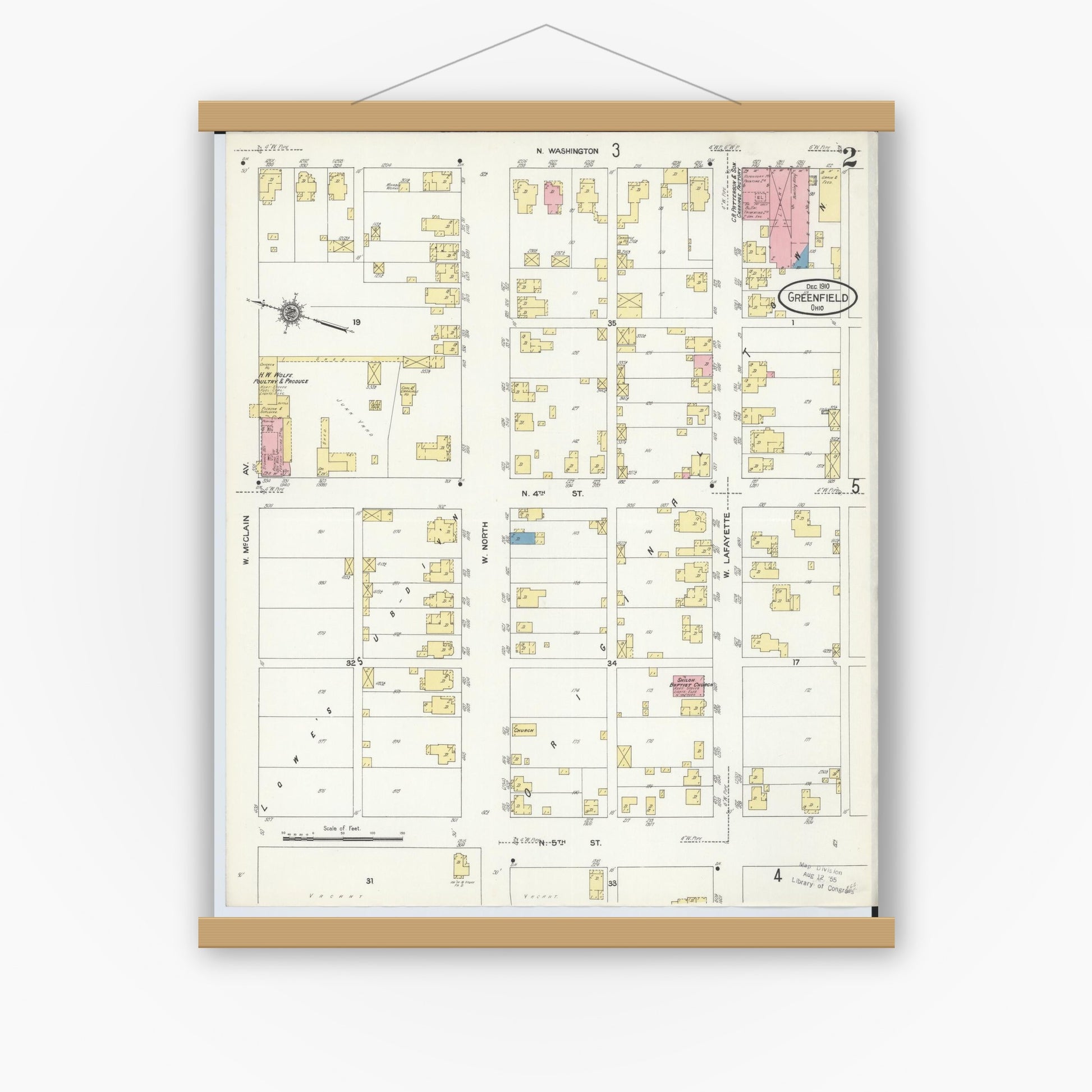 Old map wall art mockup — magnetic wood frame on white wall — Sanborn Fire Insurance Map from Greenfield, Highland County, Ohio (1910), Sheet #0002