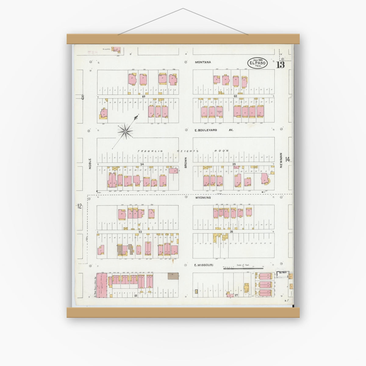 Old map wall art mockup — magnetic wood frame on white wall — Sanborn Fire Insurance Map from El Paso, El Paso County, Texas (1905), Sheet #0013