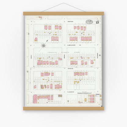 Old map wall art mockup — magnetic wood frame on white wall — Sanborn Fire Insurance Map from El Paso, El Paso County, Texas (1905), Sheet #0013