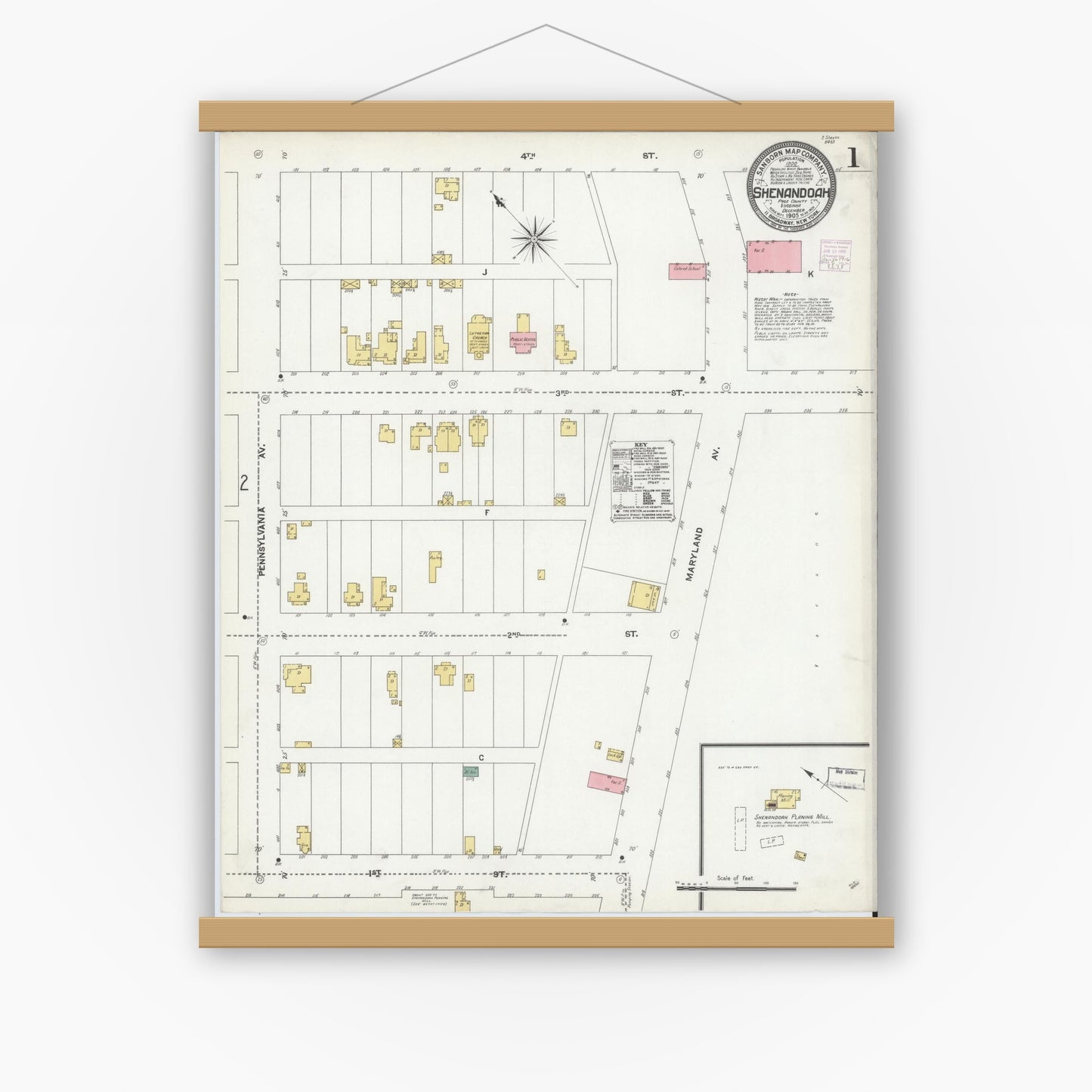 Old map wall art mockup — magnetic wood frame on white wall — Sanborn Fire Insurance Map from Shenandoah, Page County, Virginia (1905), Sheet #0001