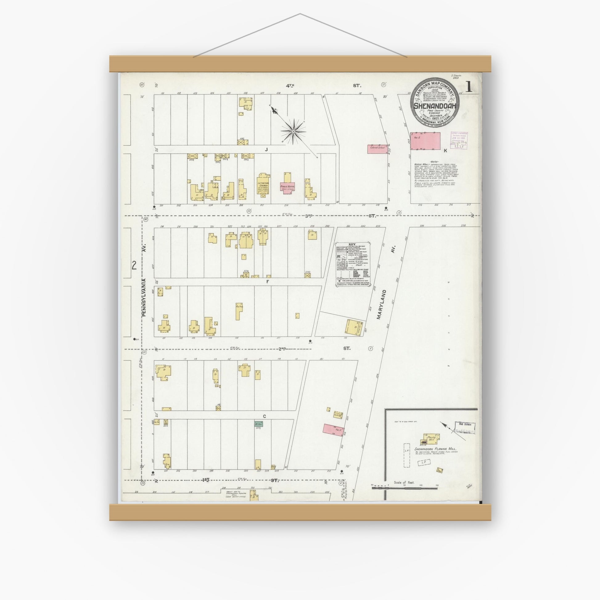 Old map wall art mockup — magnetic wood frame on white wall — Sanborn Fire Insurance Map from Shenandoah, Page County, Virginia (1905), Sheet #0001