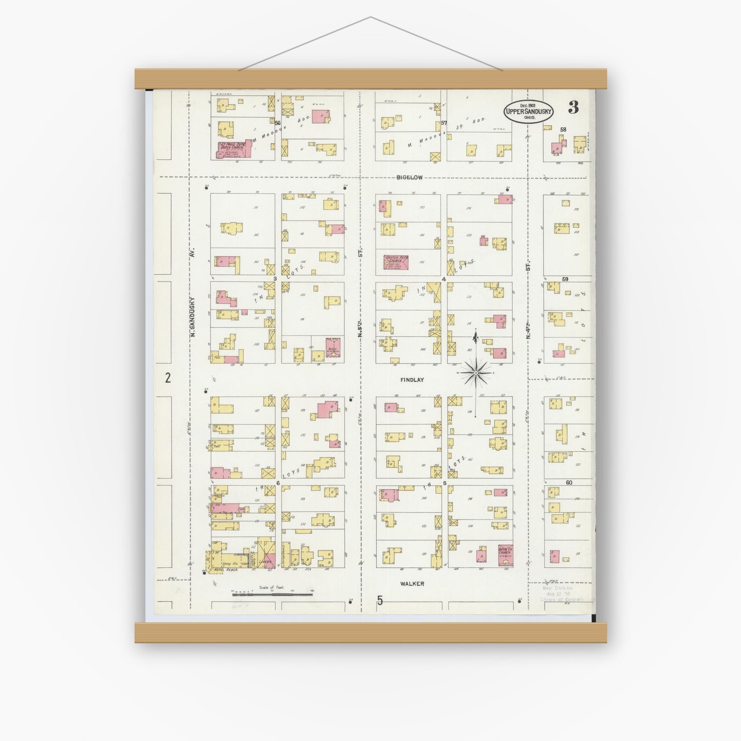 Old map wall art mockup — magnetic wood frame on white wall — Sanborn Fire Insurance Map from Upper Sandusky, Wyandot County, Ohio (1902), Sheet #0003