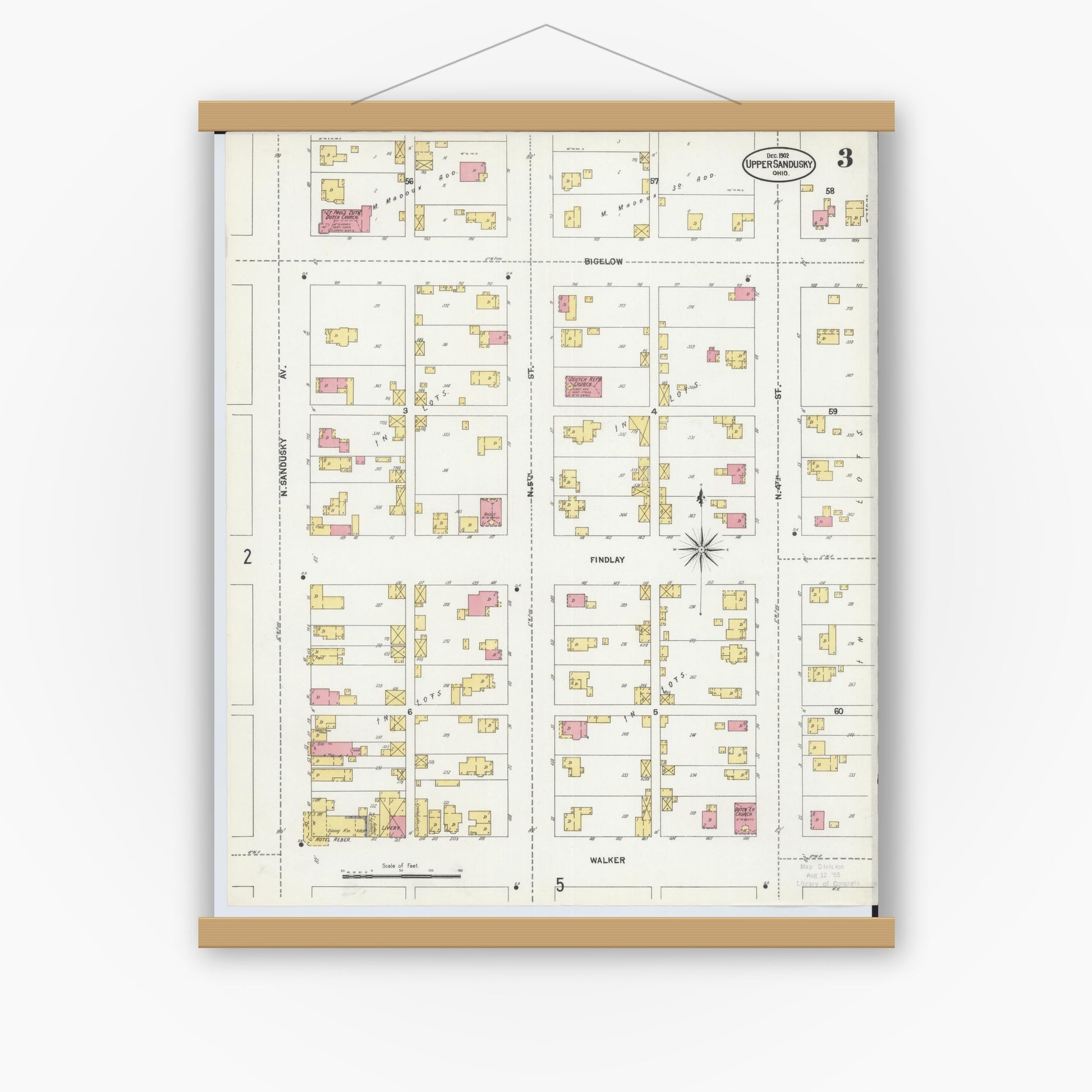 Old map wall art mockup — magnetic wood frame on white wall — Sanborn Fire Insurance Map from Upper Sandusky, Wyandot County, Ohio (1902), Sheet #0003