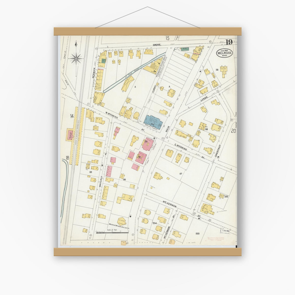 Old map wall art mockup — magnetic wood frame on white wall — Sanborn Fire Insurance Map from Melrose, Middlesex County, Massachusetts (1903), Sheet #0019