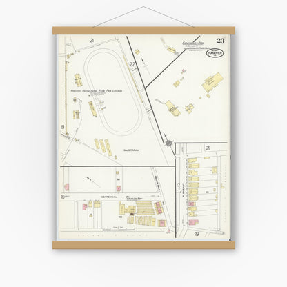 Old map wall art mockup — magnetic wood frame on white wall — Sanborn Fire Insurance Map from Hanover, York County, Pennsylvania (1909), Sheet #0023