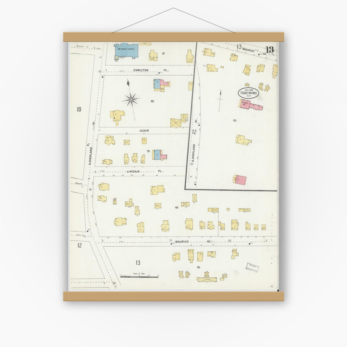 Old map wall art mockup — magnetic wood frame on white wall — Sanborn Fire Insurance Map from Ossining, Westchester County, New York (1903), Sheet #0013