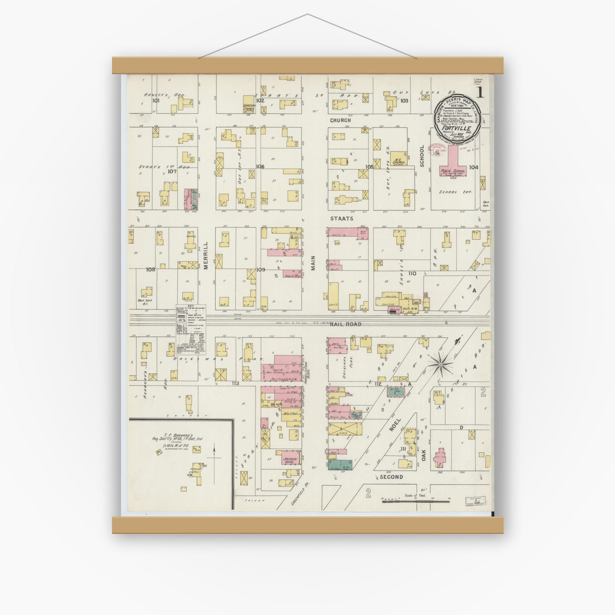 Old map wall art mockup — magnetic wood frame on white wall — Sanborn Fire Insurance Map from Fortville, Hancock County, Indiana (1895), Sheet #0001