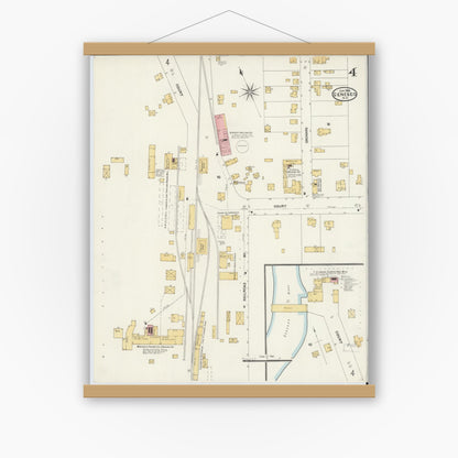 Old map wall art mockup — magnetic wood frame on white wall — Sanborn Fire Insurance Map from Geneseo, Livingston County, New York (1906), Sheet #0004