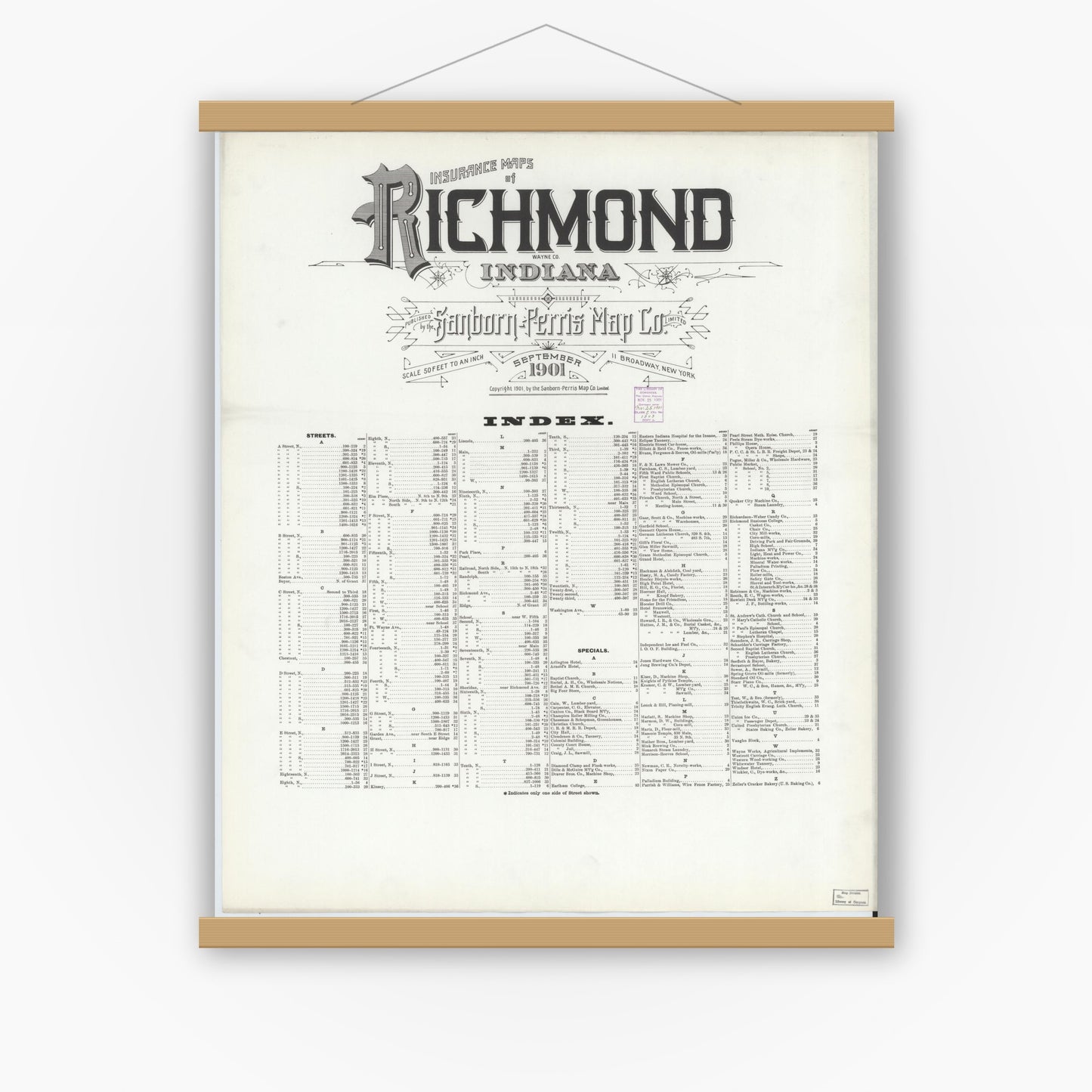 Old map wall art mockup — magnetic wood frame on white wall — Sanborn Fire Insurance Map from Richmond, Wayne County, Indiana (1901), Sheet #0001