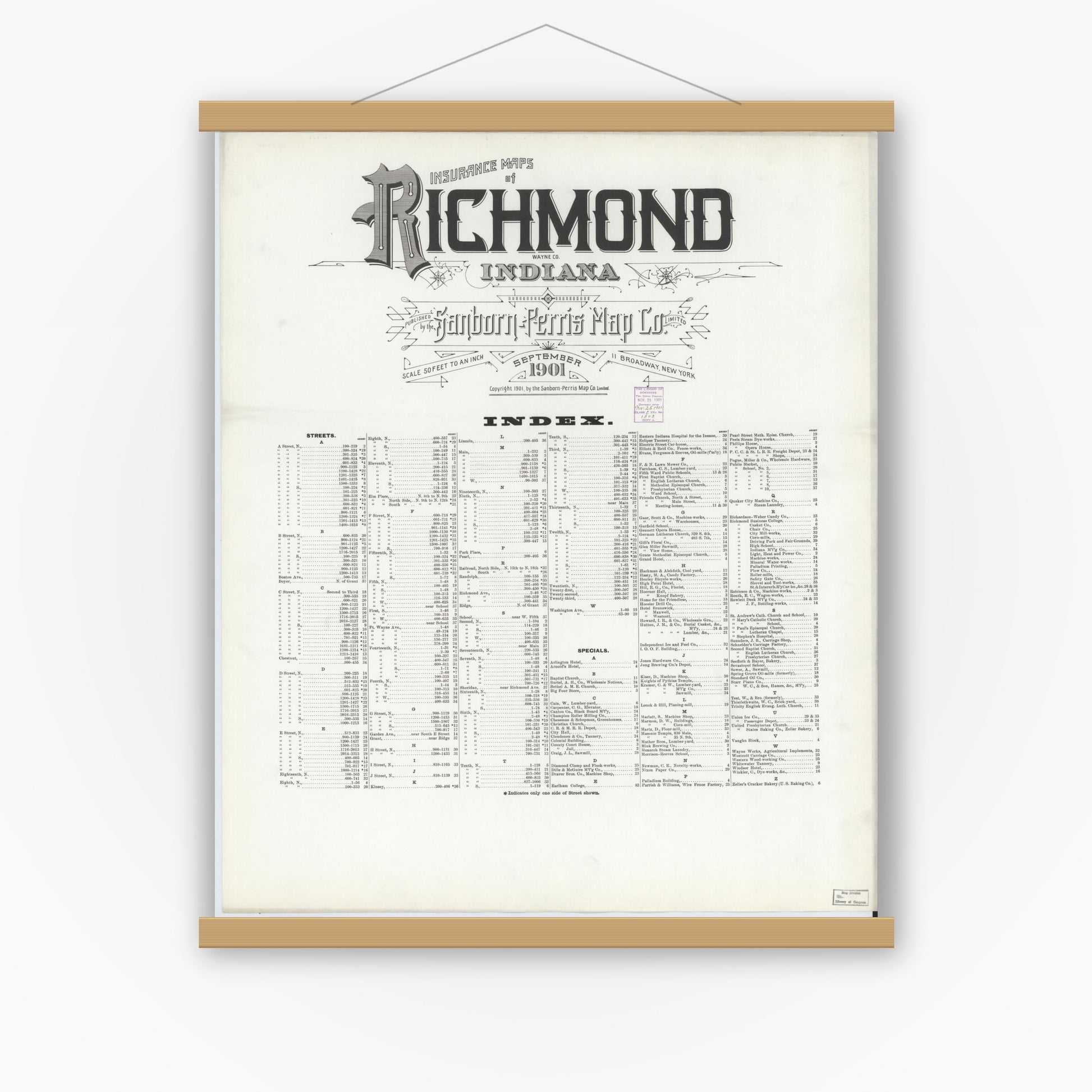Old map wall art mockup — magnetic wood frame on white wall — Sanborn Fire Insurance Map from Richmond, Wayne County, Indiana (1901), Sheet #0001