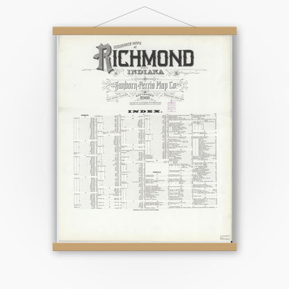 Old map wall art mockup — magnetic wood frame on white wall — Sanborn Fire Insurance Map from Richmond, Wayne County, Indiana (1901), Sheet #0001