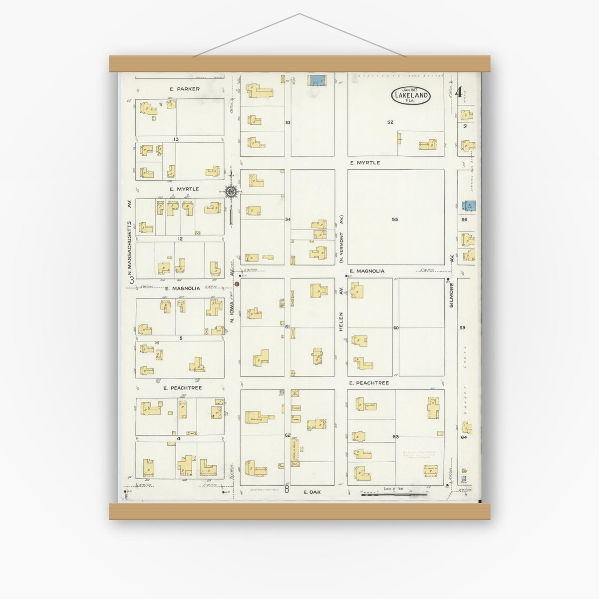 Old map wall art mockup — magnetic wood frame on white wall — Sanborn Fire Insurance Map from Lakeland, Polk County, Florida (1917), Sheet #0004