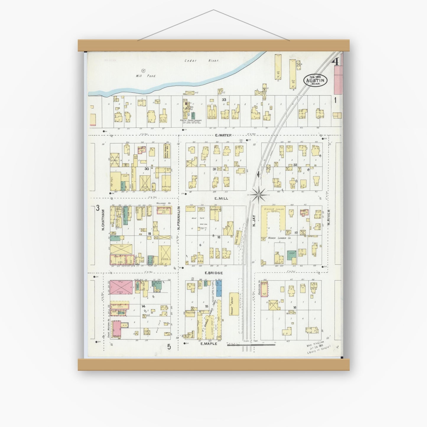 Old map wall art mockup — magnetic wood frame on white wall — Sanborn Fire Insurance Map from Austin, Mower County, Minnesota (1905), Sheet #0004