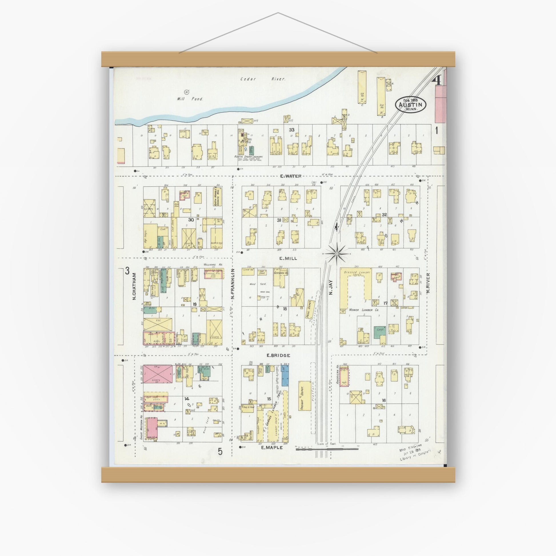 Old map wall art mockup — magnetic wood frame on white wall — Sanborn Fire Insurance Map from Austin, Mower County, Minnesota (1905), Sheet #0004