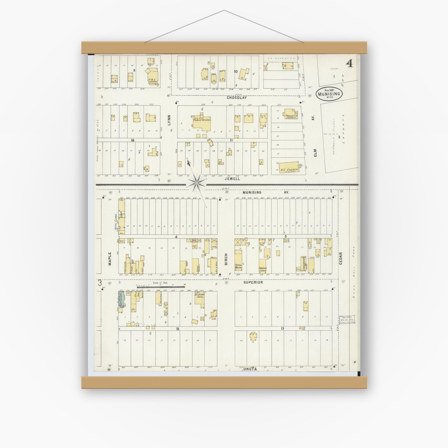 Old map wall art mockup — magnetic wood frame on white wall — Sanborn Fire Insurance Map from Munising, Alger County, Michigan (1897), Sheet #0004