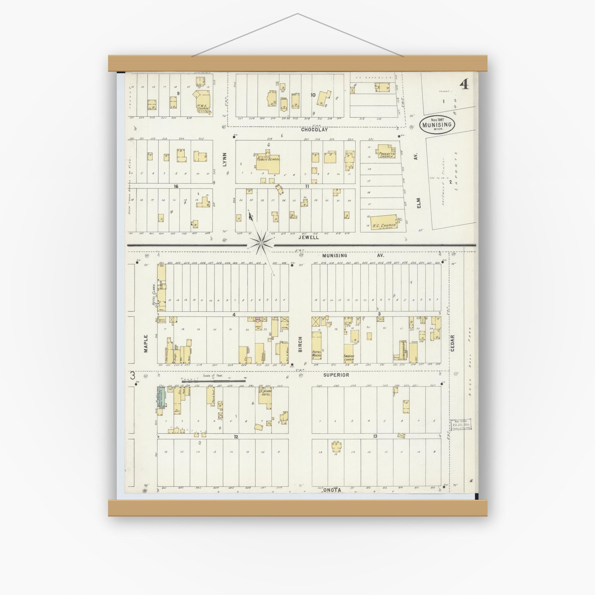 Old map wall art mockup — magnetic wood frame on white wall — Sanborn Fire Insurance Map from Munising, Alger County, Michigan (1897), Sheet #0004