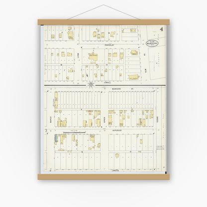 Old map wall art mockup — magnetic wood frame on white wall — Sanborn Fire Insurance Map from Munising, Alger County, Michigan (1897), Sheet #0004