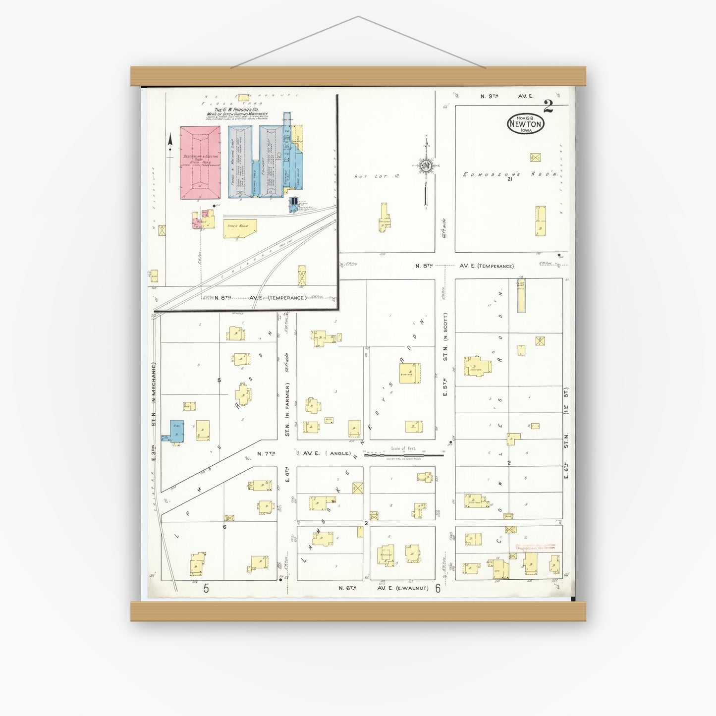 Old map wall art mockup — magnetic wood frame on white wall — Sanborn Fire Insurance Map from Newton, Jasper County, Iowa (1918), Sheet #0002