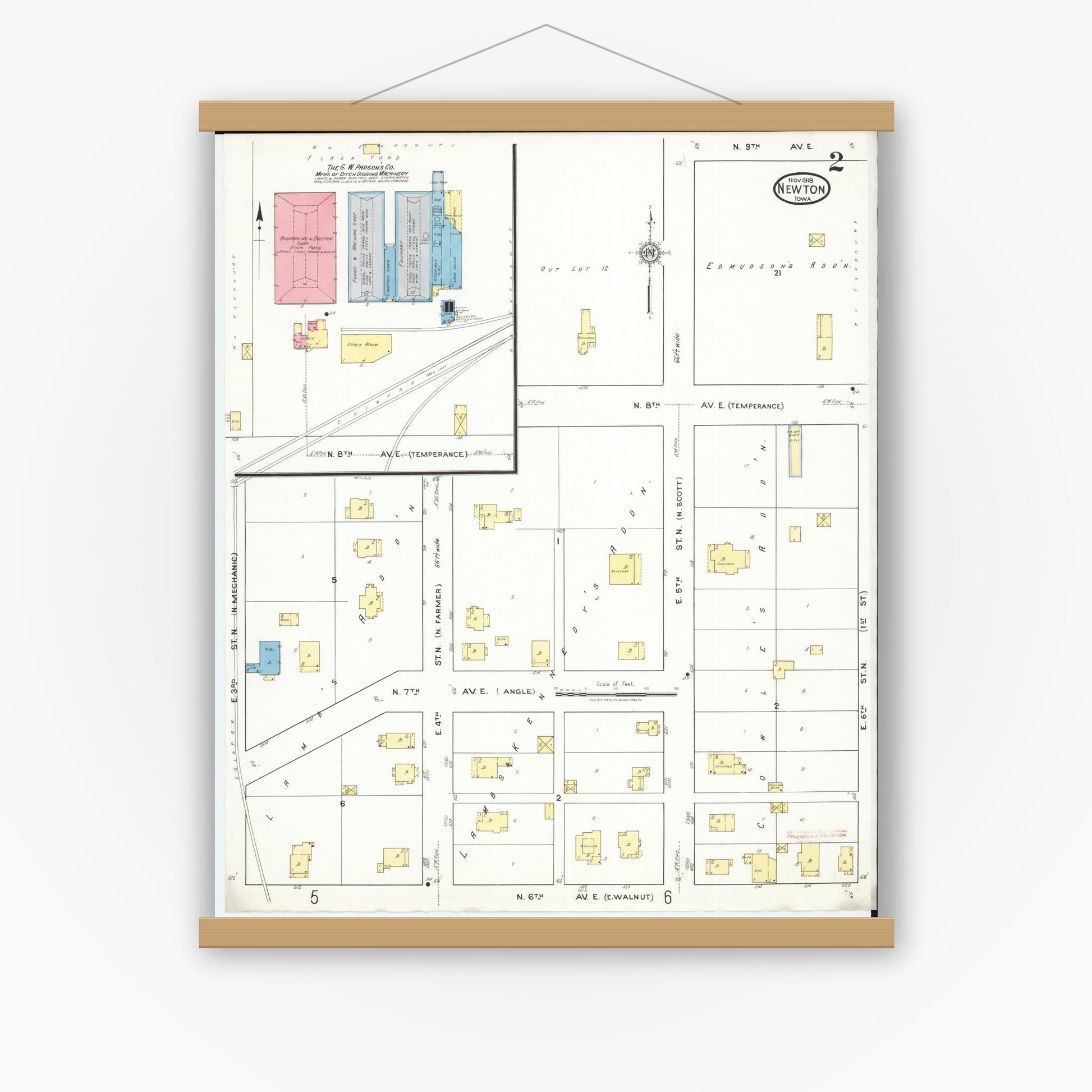 Old map wall art mockup — magnetic wood frame on white wall — Sanborn Fire Insurance Map from Newton, Jasper County, Iowa (1918), Sheet #0002