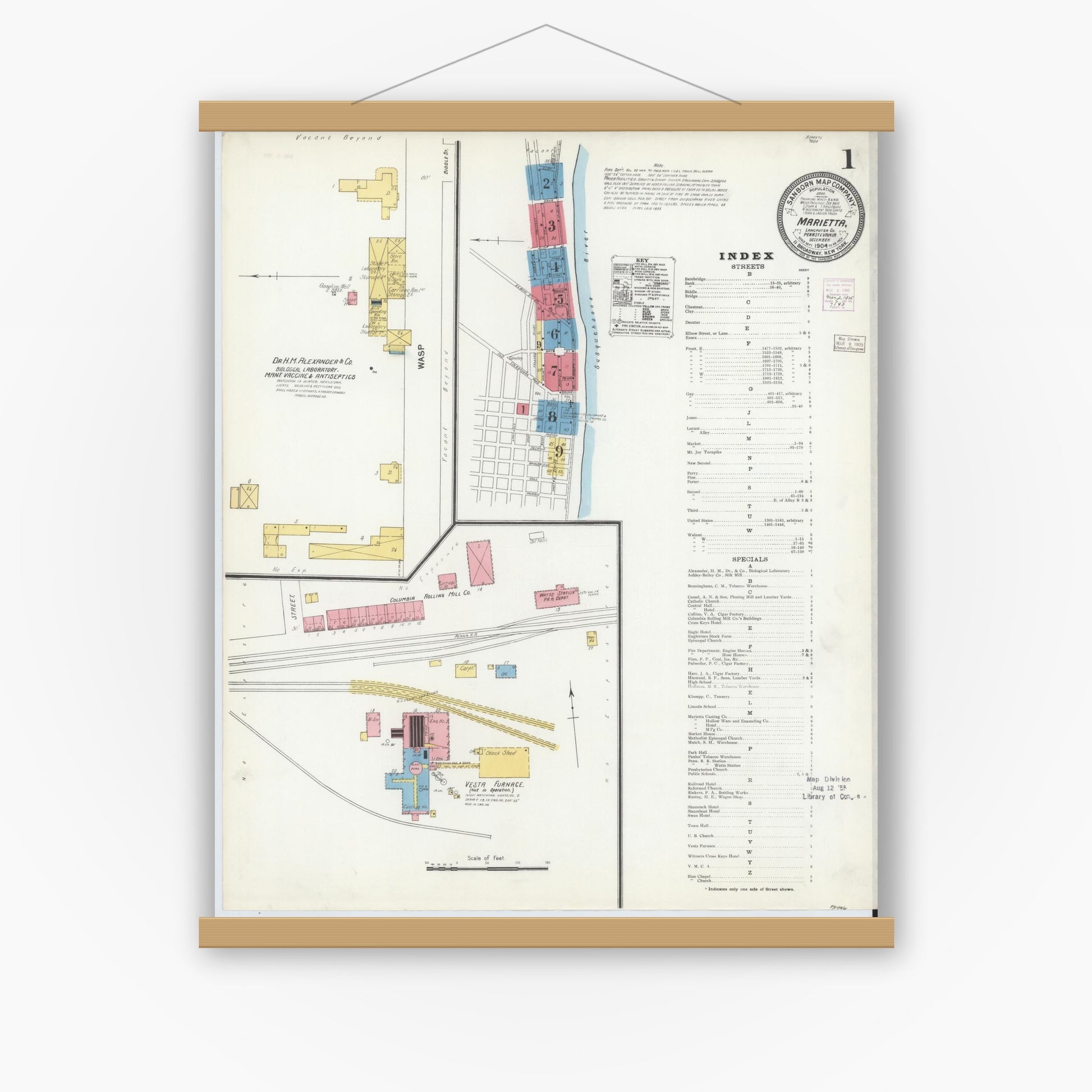 Old map wall art mockup — magnetic wood frame on white wall — Sanborn Fire Insurance Map from Marietta, Lancaster County, Pennsylvania (1904), Sheet #0001