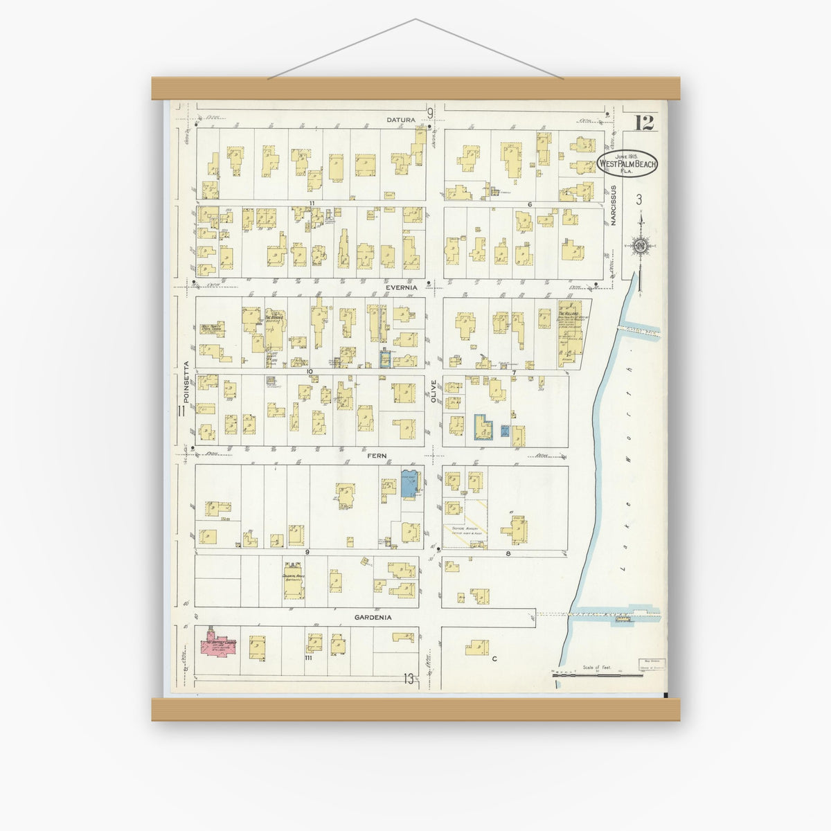 Old map wall art mockup — magnetic wood frame on white wall — Sanborn Fire Insurance Map from West Palm Beach, Dade County, Florida (1915), Sheet #0012