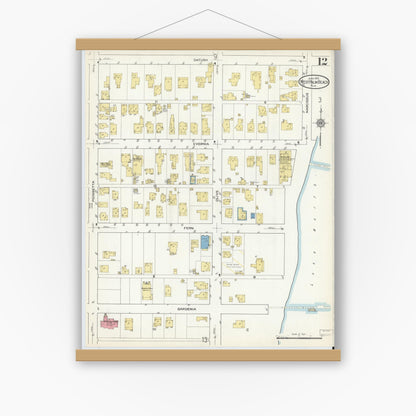 Old map wall art mockup — magnetic wood frame on white wall — Sanborn Fire Insurance Map from West Palm Beach, Dade County, Florida (1915), Sheet #0012