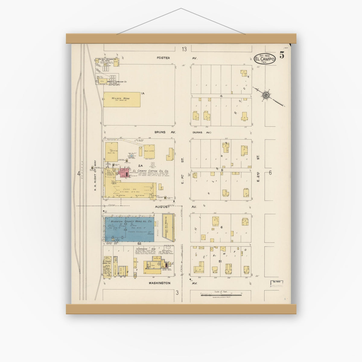 Old map wall art mockup — magnetic wood frame on white wall — Sanborn Fire Insurance Map from El Campo, Wharton County, Texas (1922), Sheet #0005