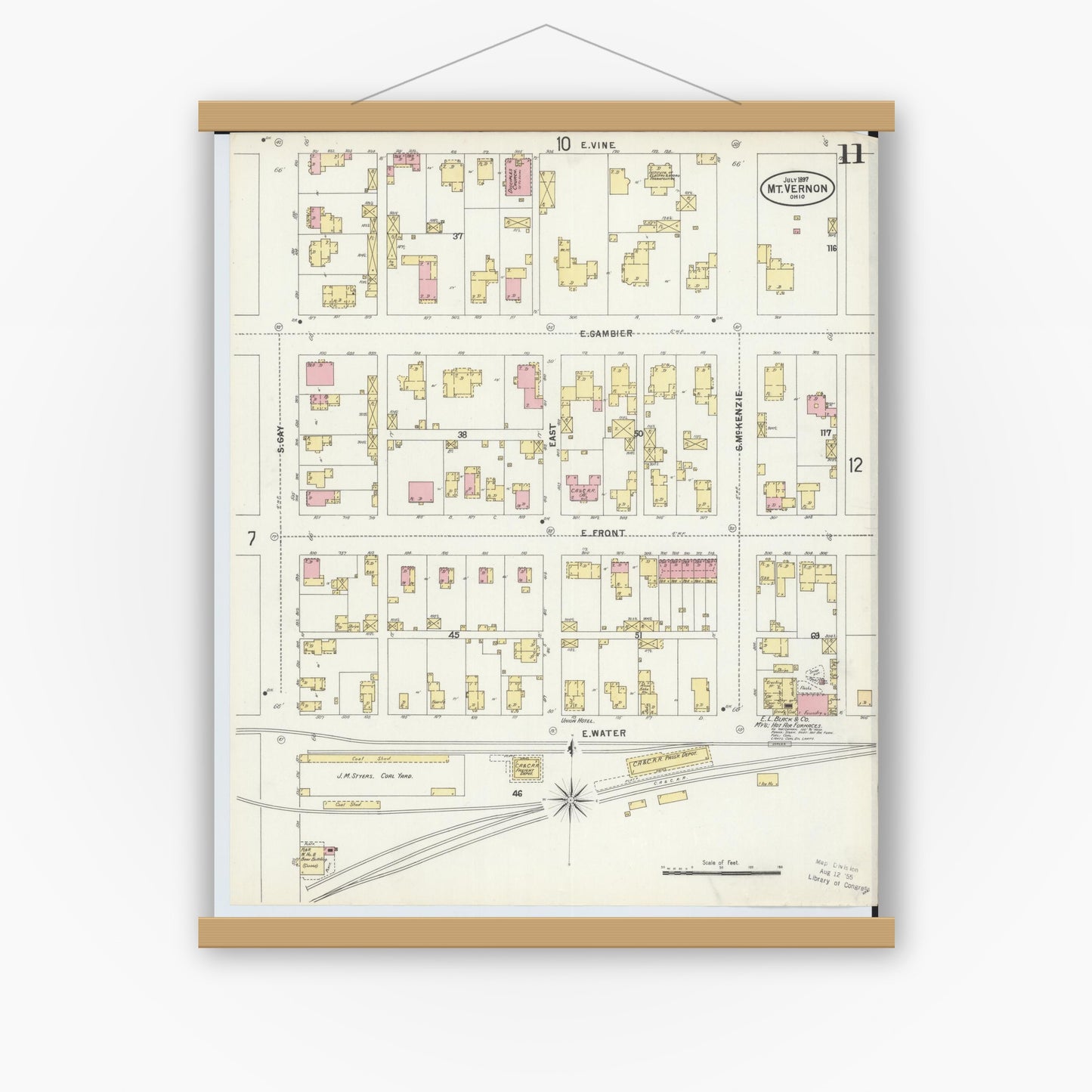 Old map wall art mockup — magnetic wood frame on white wall — Sanborn Fire Insurance Map from Mount Vernon, Knox County, Ohio (1897), Sheet #0011