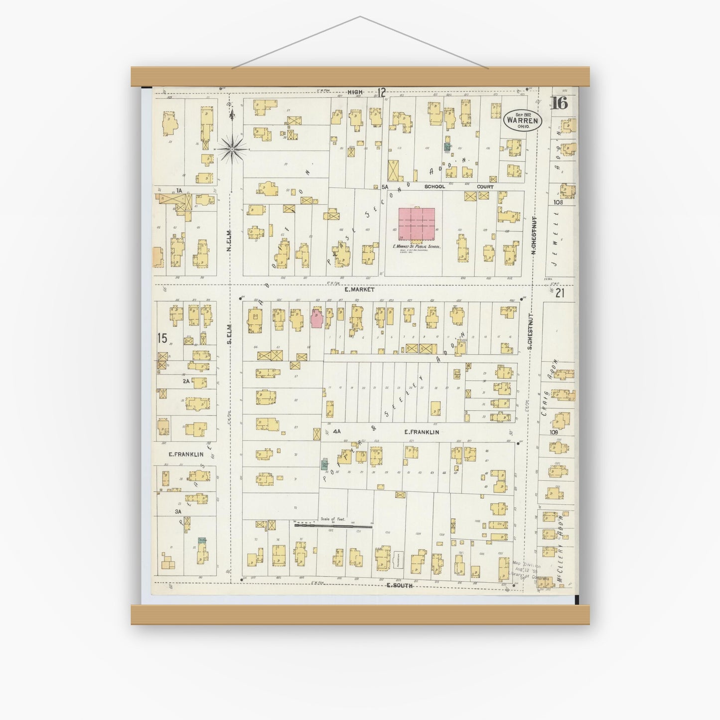 Old map wall art mockup — magnetic wood frame on white wall — Sanborn Fire Insurance Map from Warren, Trumbull County, Ohio (1902), Sheet #0016