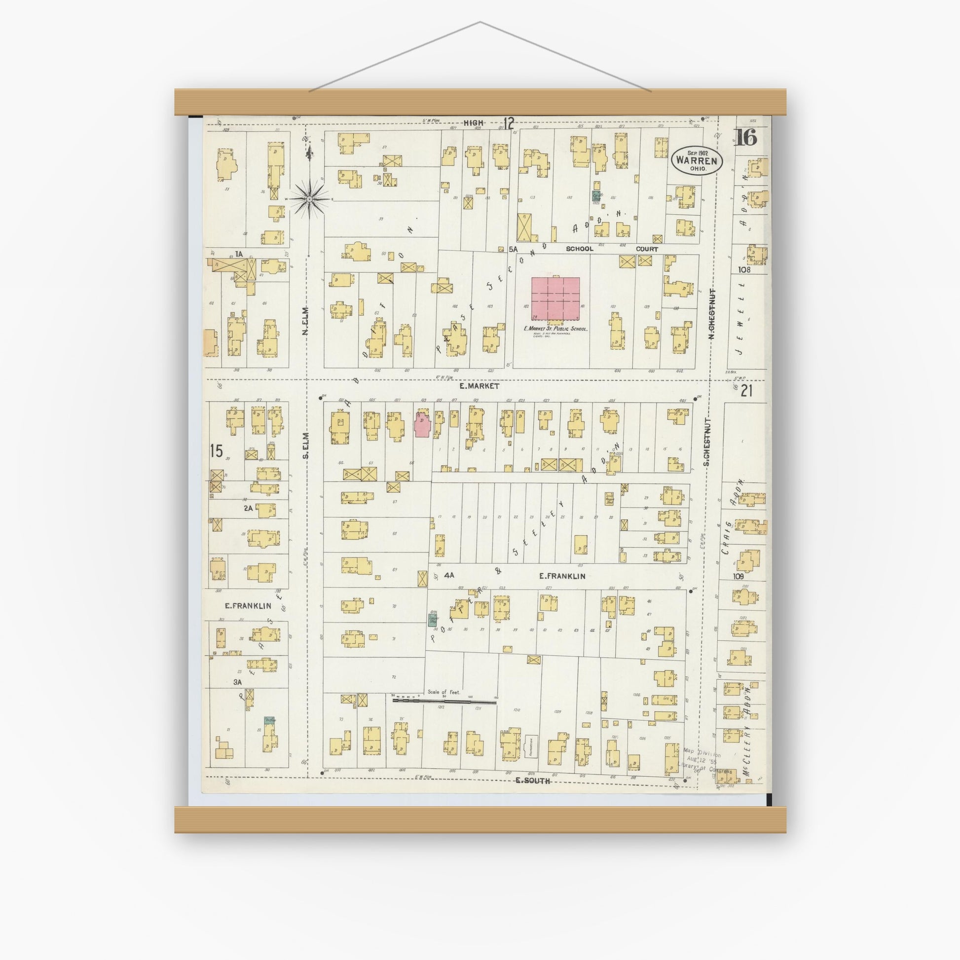 Old map wall art mockup — magnetic wood frame on white wall — Sanborn Fire Insurance Map from Warren, Trumbull County, Ohio (1902), Sheet #0016