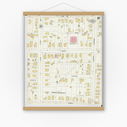 Old map wall art mockup — magnetic wood frame on white wall — Sanborn Fire Insurance Map from Warren, Trumbull County, Ohio (1902), Sheet #0016