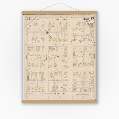 Old map wall art mockup — magnetic wood frame on white wall — Sanborn Fire Insurance Map from Monroe, Monroe County, Michigan (1922), Sheet #0013