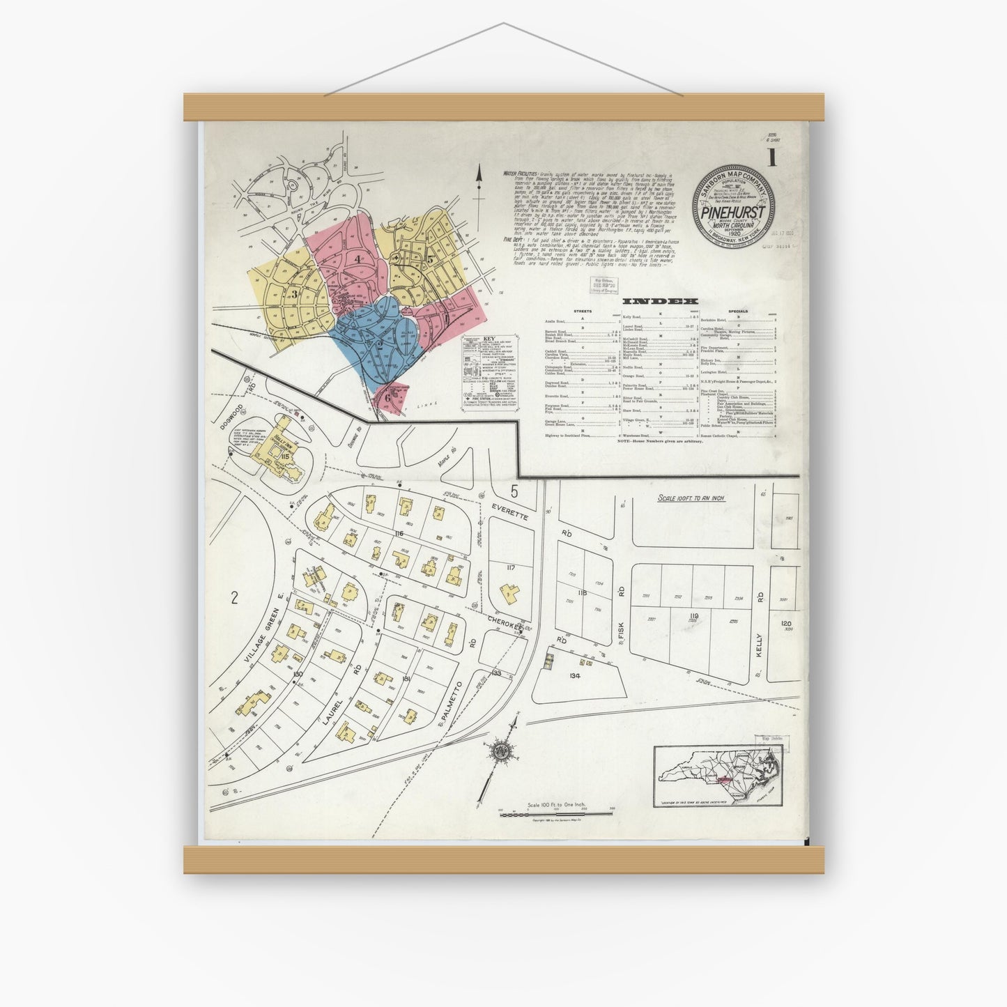 Old map wall art mockup — magnetic wood frame on white wall — Sanborn Fire Insurance Map from Pinehurst, Moore County, North Carolina (1920) - Complete Map Set