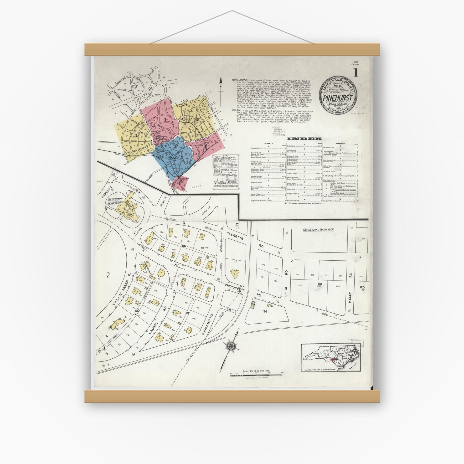 Old map wall art mockup — magnetic wood frame on white wall — Sanborn Fire Insurance Map from Pinehurst, Moore County, North Carolina (1920) - Complete Map Set