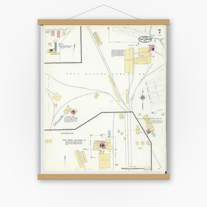 Old map wall art mockup — magnetic wood frame on white wall — Sanborn Fire Insurance Map from East Jordan, Charlevoix County, Michigan (1912), Sheet #0007