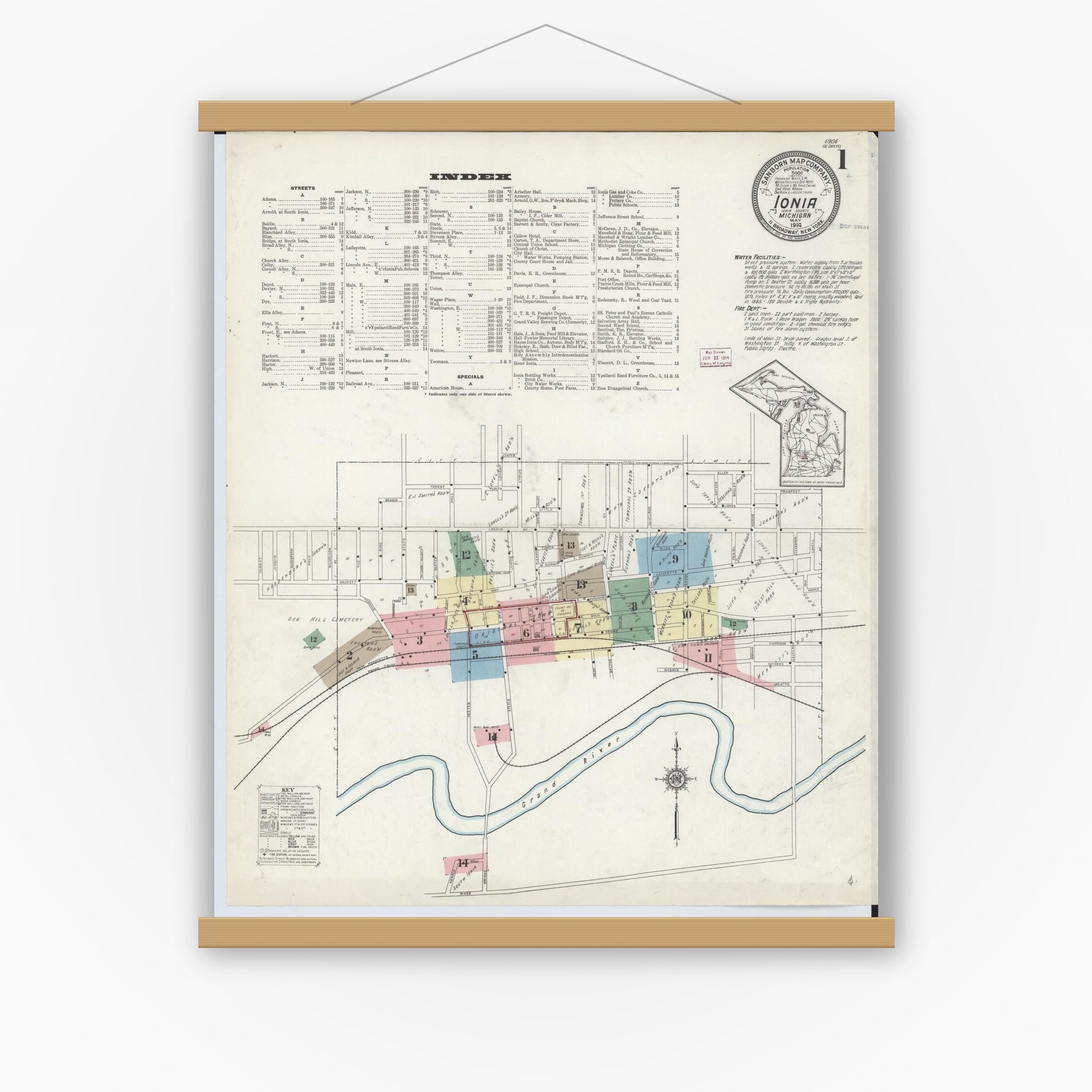 Old map wall art mockup — magnetic wood frame on white wall — Sanborn Fire Insurance Map from Ionia, Ionia County, Michigan (1914) - Complete Map Set