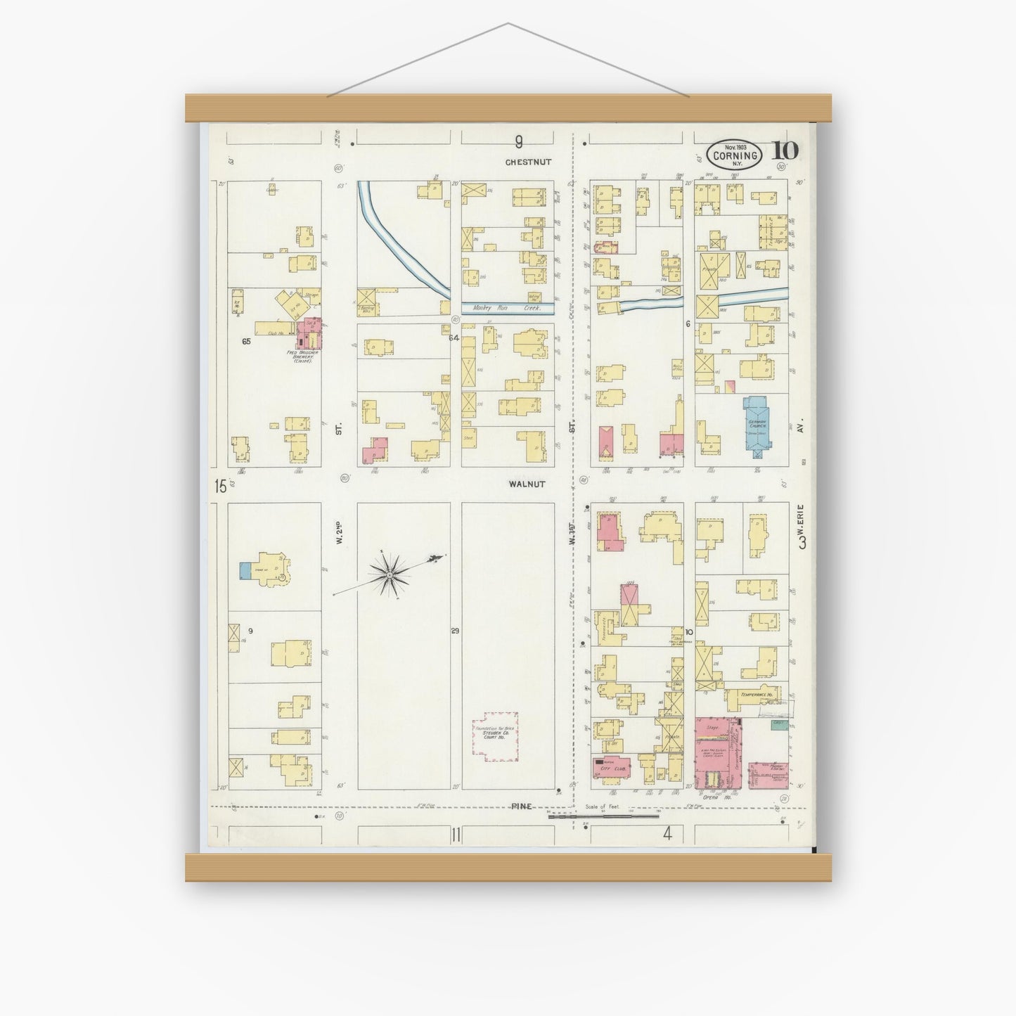 Old map wall art mockup — magnetic wood frame on white wall — Sanborn Fire Insurance Map from Corning, Steuben County, New York (1903), Sheet #0010