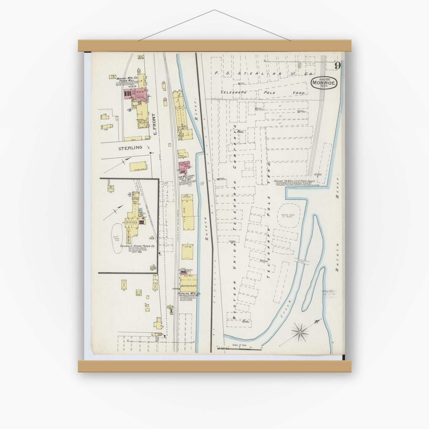 Old map wall art mockup — magnetic wood frame on white wall — Sanborn Fire Insurance Map from Monroe, Monroe County, Michigan (1893), Sheet #0009