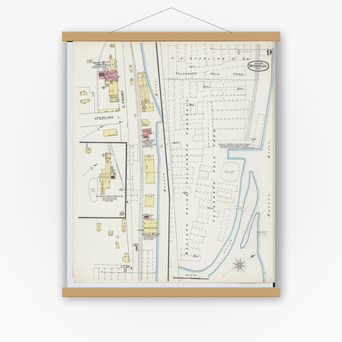 Old map wall art mockup — magnetic wood frame on white wall — Sanborn Fire Insurance Map from Monroe, Monroe County, Michigan (1893), Sheet #0009