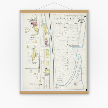 Old map wall art mockup — magnetic wood frame on white wall — Sanborn Fire Insurance Map from Monroe, Monroe County, Michigan (1893), Sheet #0009