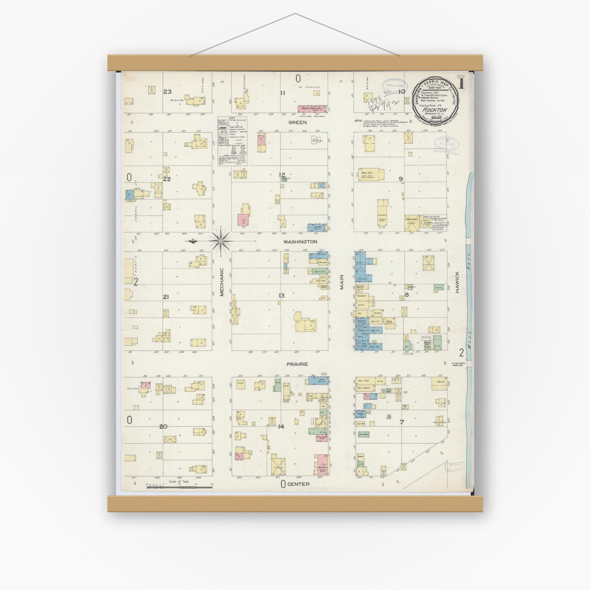 Old map wall art mockup — magnetic wood frame on white wall — Sanborn Fire Insurance Map from Rockton, Winnebago County, Illinois (1898) - Complete Map Set