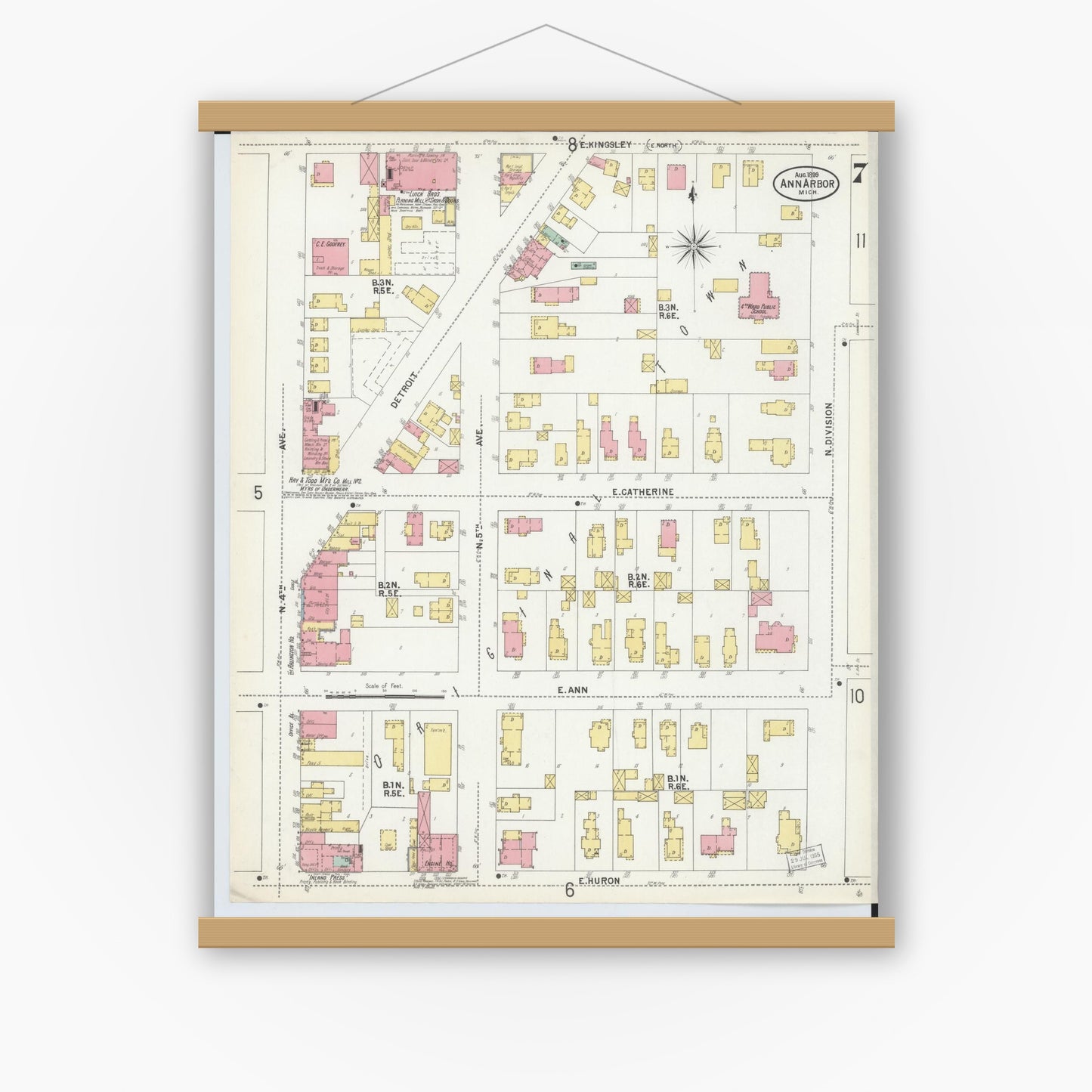 Old map wall art mockup — magnetic wood frame on white wall — Sanborn Fire Insurance Map from Ann Arbor, Washtenaw County, Michigan (1899), Sheet #0007