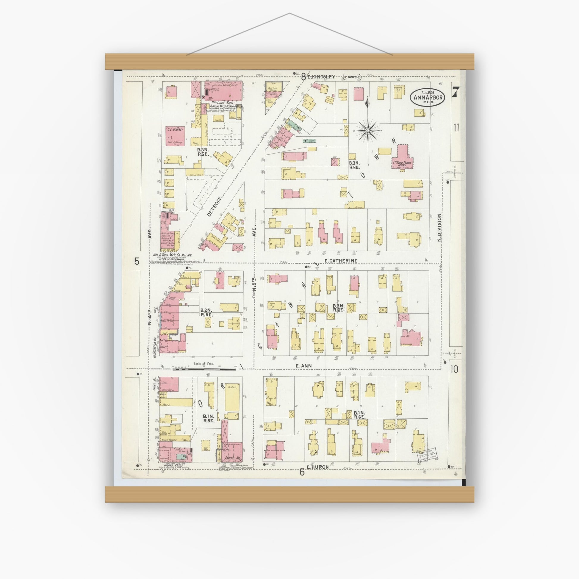 Old map wall art mockup — magnetic wood frame on white wall — Sanborn Fire Insurance Map from Ann Arbor, Washtenaw County, Michigan (1899), Sheet #0007