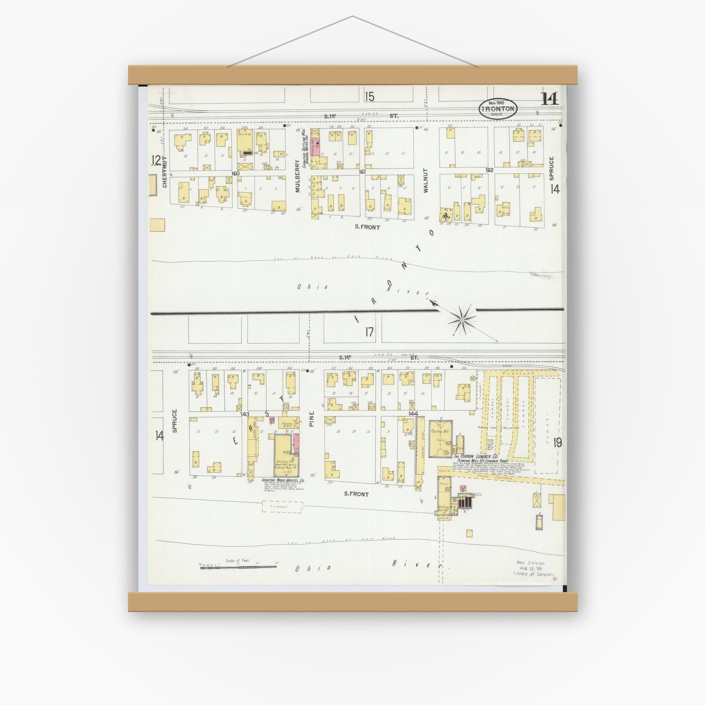 Old map wall art mockup — magnetic wood frame on white wall — Sanborn Fire Insurance Map from Ironton, Lawrence County, Ohio (1900), Sheet #0014