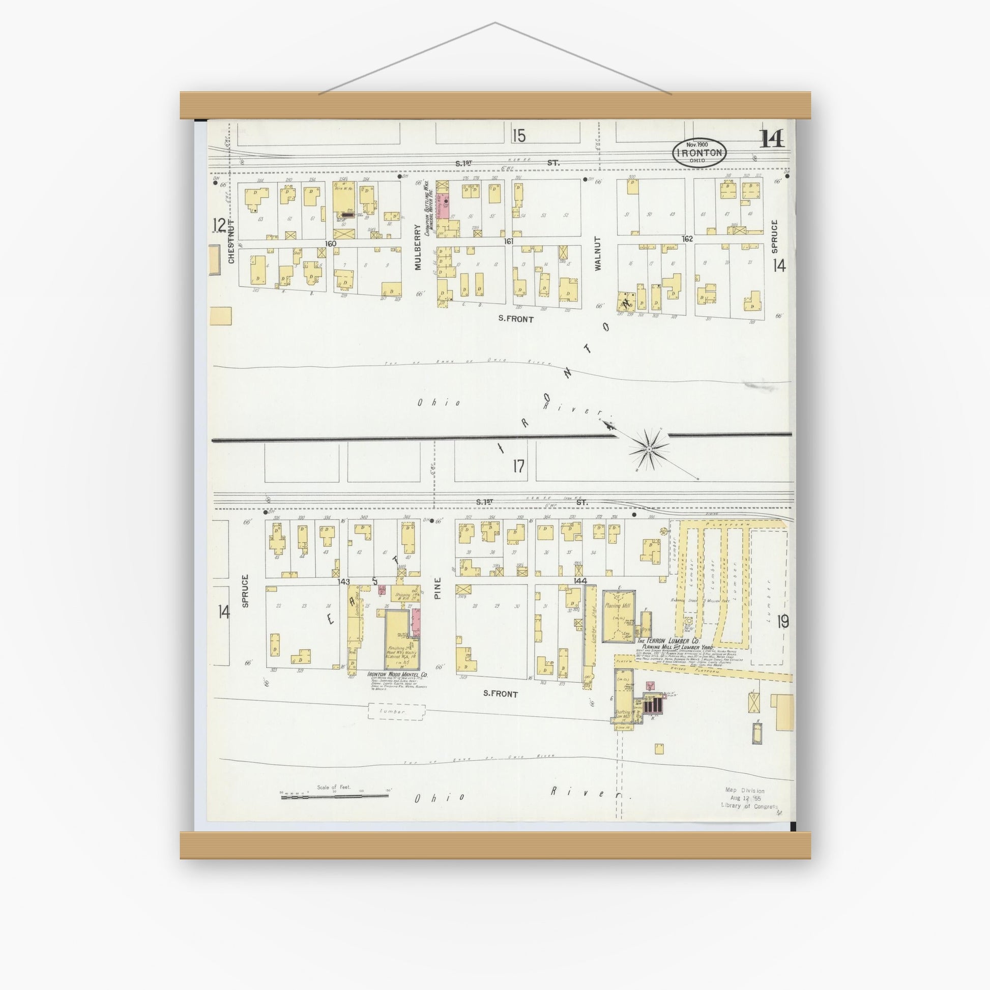 Old map wall art mockup — magnetic wood frame on white wall — Sanborn Fire Insurance Map from Ironton, Lawrence County, Ohio (1900), Sheet #0014