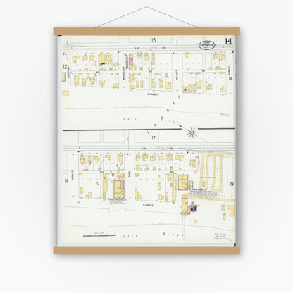 Old map wall art mockup — magnetic wood frame on white wall — Sanborn Fire Insurance Map from Ironton, Lawrence County, Ohio (1900), Sheet #0014