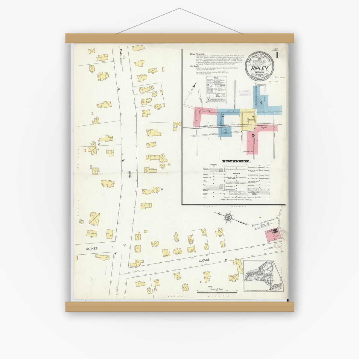 Old map wall art mockup — magnetic wood frame on white wall — Sanborn Fire Insurance Map from Ripley, Chautauqua County, New York (1912) - Complete Map Set