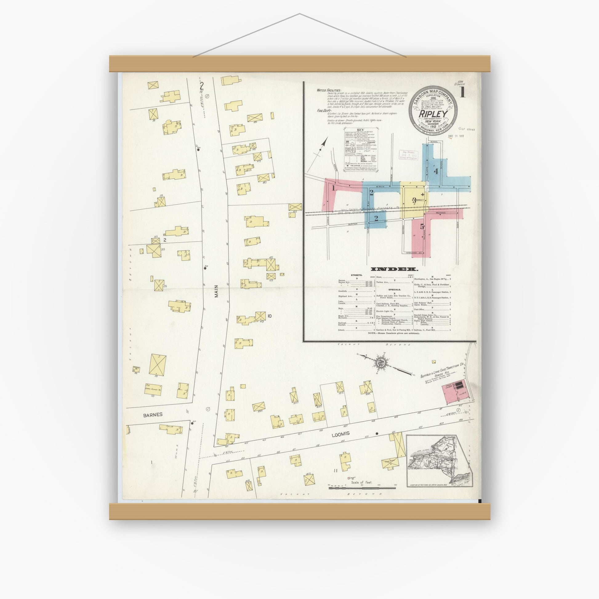 Old map wall art mockup — magnetic wood frame on white wall — Sanborn Fire Insurance Map from Ripley, Chautauqua County, New York (1912) - Complete Map Set