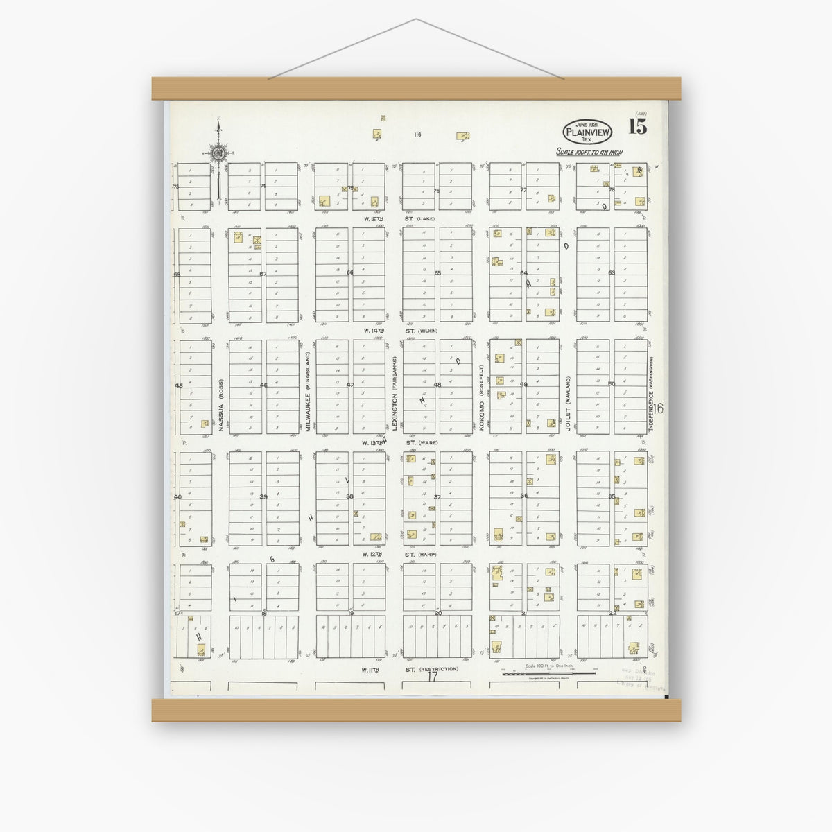 Old map wall art mockup — magnetic wood frame on white wall — Sanborn Fire Insurance Map from Plainview, Hale County, Texas (1921), Sheet #0015
