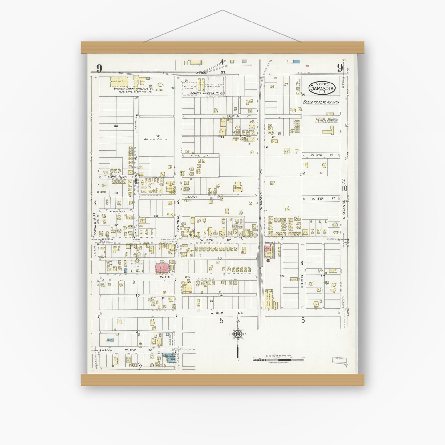 Old map wall art mockup — magnetic wood frame on white wall — Sanborn Fire Insurance Map from Sarasota, Sarasota County, Florida (1925), Sheet #0009